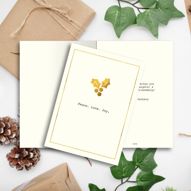 Simple Wishes • Minimalist Gold Holly Christmas Holiday Card (Creator Uploaded)