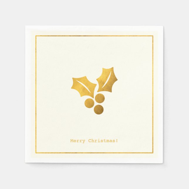 Simple Wishes • Minimalist Gold Holly Christmas Napkins (Front)