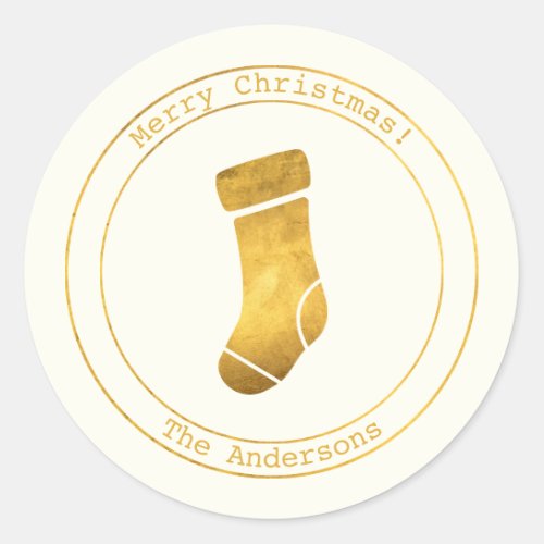 Simple Wishes  Minimalist Gold Stocking Christmas Classic Round Sticker