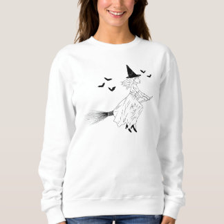 Simple Witch Girl With Bats Line Art Halloween Sweatshirt
