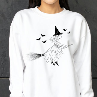 Simple Witch Girl With Bats Line Art Halloween Sweatshirt