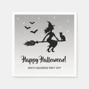 Simple Witch On A Broom Black And White Halloween Napkins