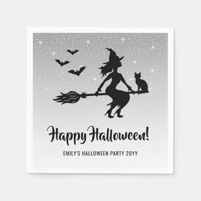 Simple Witch On A Broom Black And White Halloween Napkins (Front)
