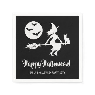 Simple Witch On A Broom Black And White Halloween Napkins