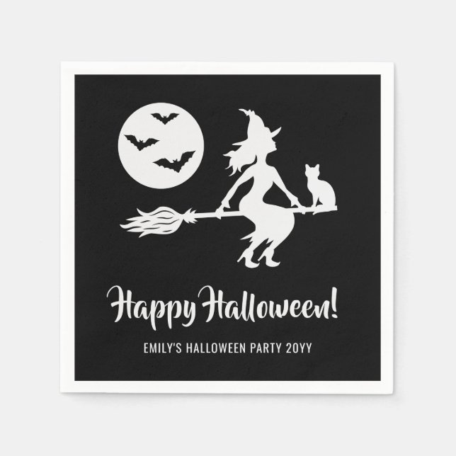 Simple Witch On A Broom Black And White Halloween Napkins (Front)