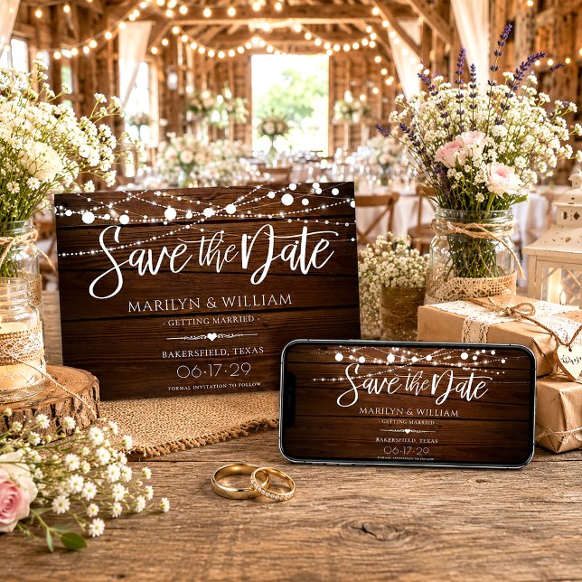 Simple Wood and String Lights Rustic Wedding Save The Date (Creator Uploaded)