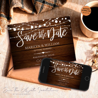 Simple Wood and String Lights Rustic Wedding Save The Date