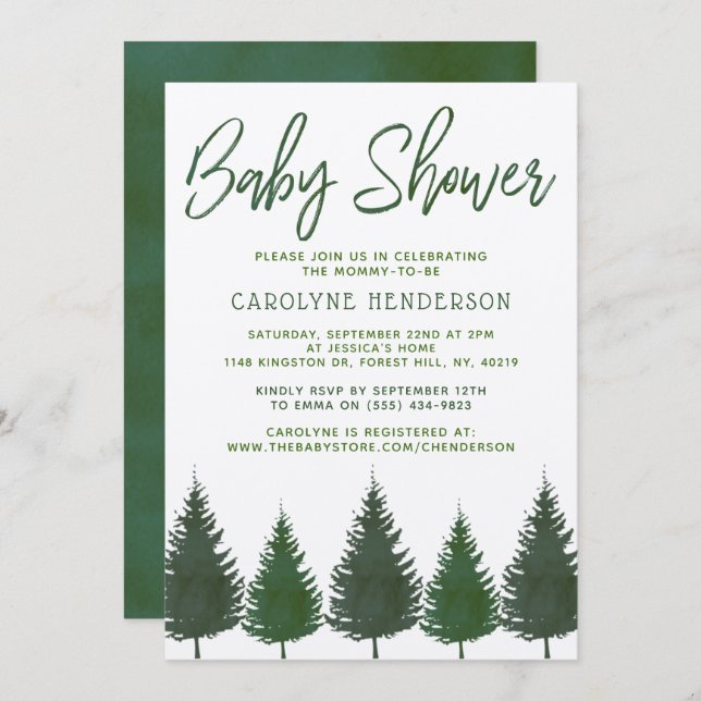 Simple Woodland Pine Trees Greenery Baby Shower Invitation (Front/Back)