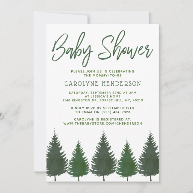 Simple Woodland Pine Trees Greenery Baby Shower Invitation (Front)