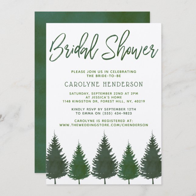 Simple Woodland Pine Trees Greenery Bridal Shower Invitation (Front/Back)