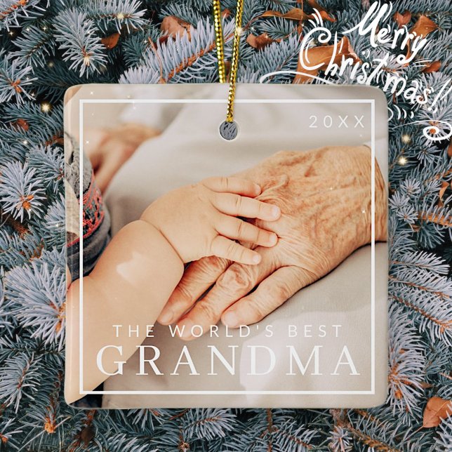Simple World's Best Grandma Two Photo Holiday Ceramic Ornament (Creator Uploaded)