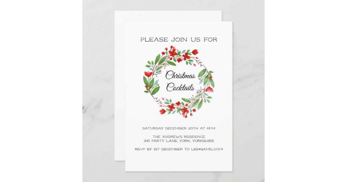 Simple Wreath Christmas Cocktail Party Invitation | Zazzle