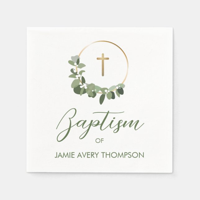 Simple Wreath Eucalyptus Gold Cross Custom Baptism Napkins (Front)
