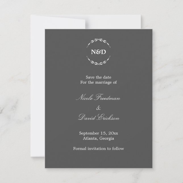 Simple wreath monogram gray wedding announcement (Front)