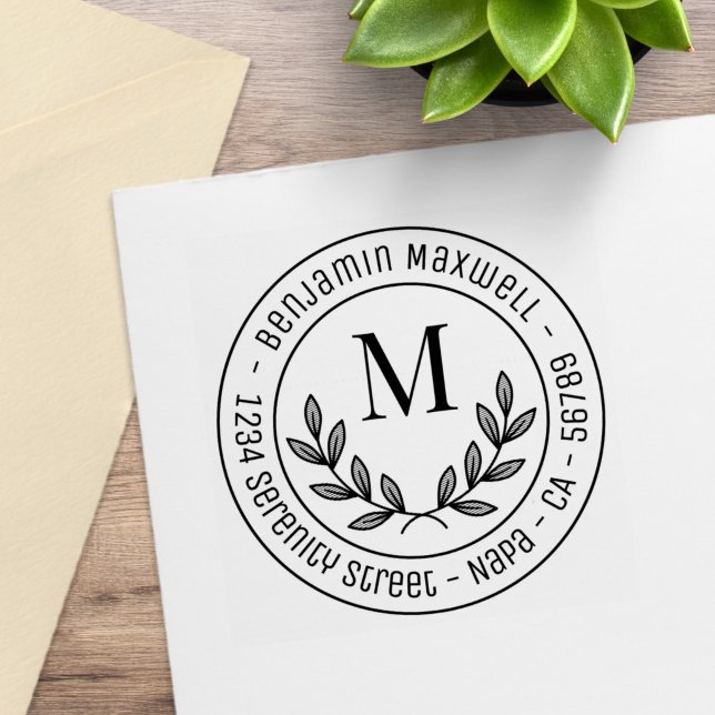 Simple Wreath Monogram Initial Round Address Rubber Stamp (Creator Uploaded)