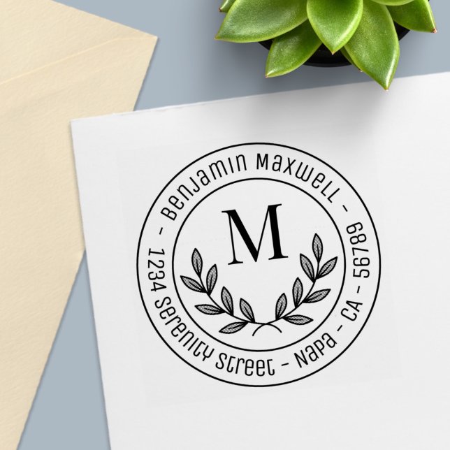 Simple Wreath Monogram Initial Round Address Self-inking Stamp (Creator Uploaded)