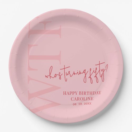 Simple WTF  Pink Red 50th Birthday Paper Plates