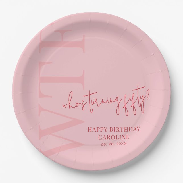 Simple WTF | Pink Red 50th Birthday Paper Plates (Front)
