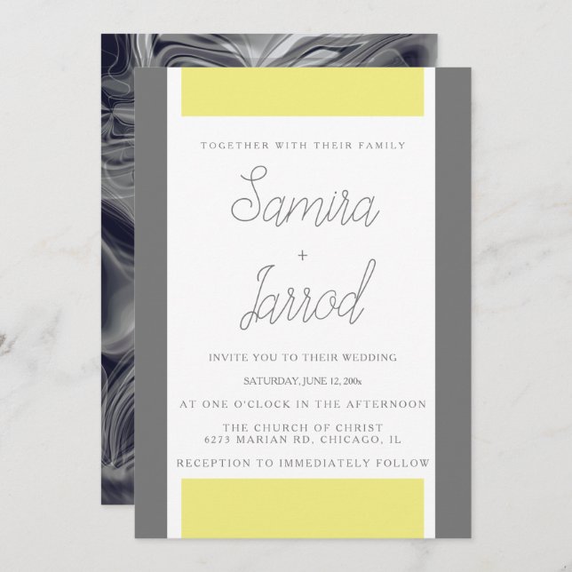 Simple Yellow and Gray Abstract Marble Wedding Invitation (Front/Back)