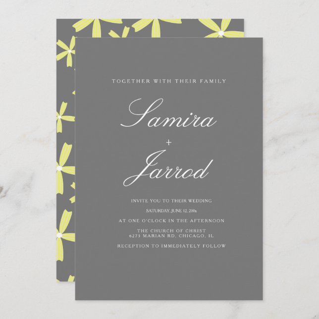 Simple Yellow and Gray Floral Pattern Wedding Invitation (Front/Back)