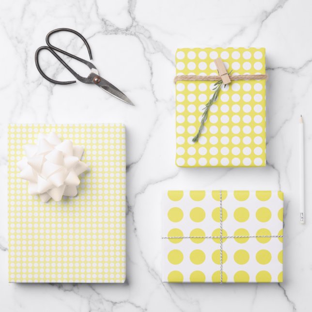 Simple Yellow and White Polka Dots Pattern Wrapping Paper Sheets (Front)