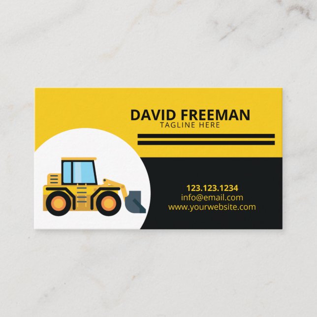 Simple Yellow & Black Front Loader Construction Business Card (Front)