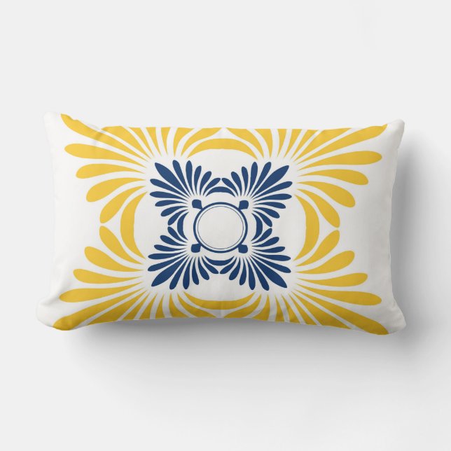 Simple Yellow Blue Floral Pattern Lumbar Pillow (Front)