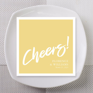 Simple Yellow Brush Lettering Cheers Wedding Napkins