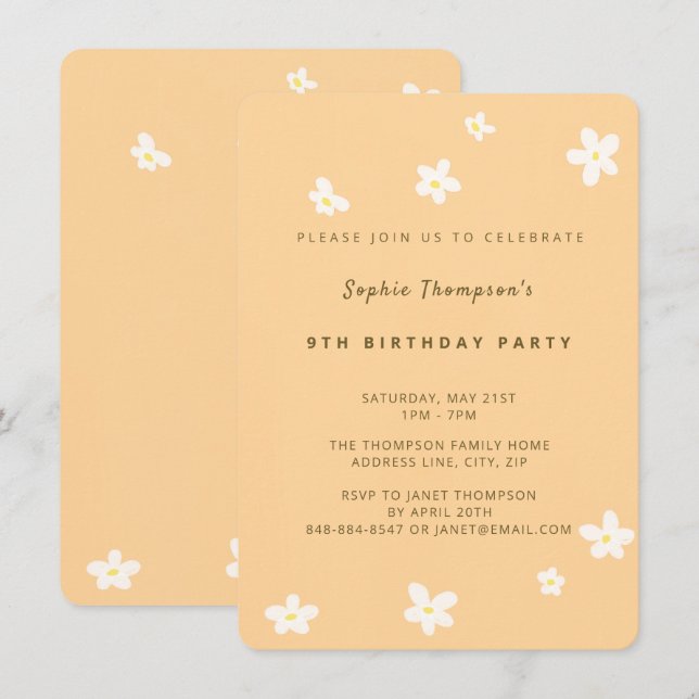 Simple Yellow Cute Daisies Girl Birthday Party Invitation (Front/Back)