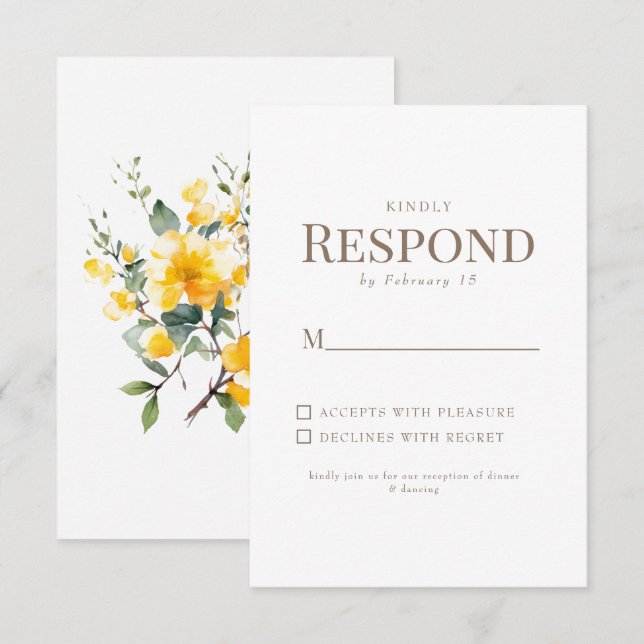 Simple Yellow Floral Gold Text White Wedding RSVP Card (Front/Back)