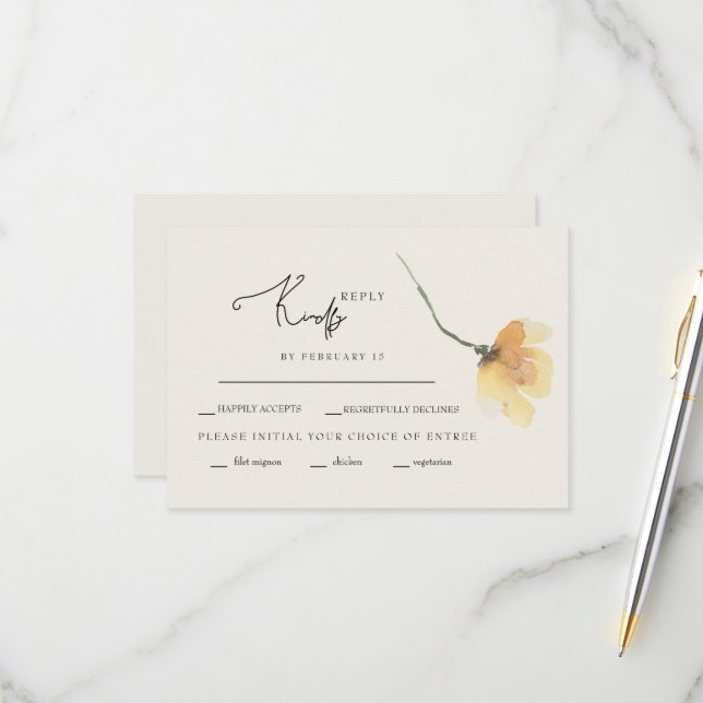 Simple Yellow Floral Stem Cream RSVP  Card (Front/Back In Situ)
