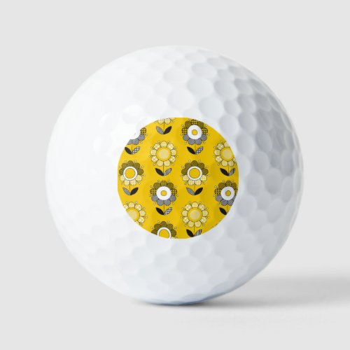 Simple Yellow Folk Floral Pattern Golf Balls