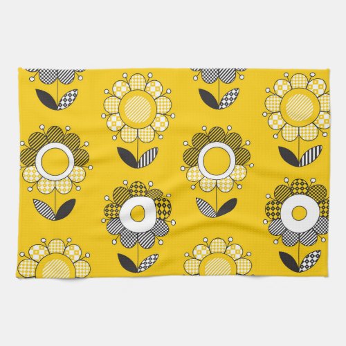 Simple Yellow Folk Floral Pattern Kitchen Towel