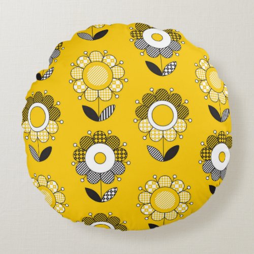 Simple Yellow Folk Floral Pattern Round Pillow
