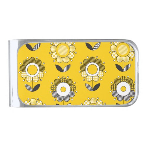 Simple Yellow Folk Floral Pattern Silver Finish Money Clip