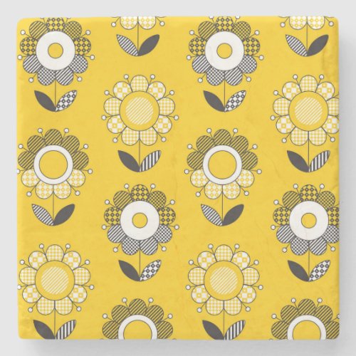 Simple Yellow Folk Floral Pattern Stone Coaster