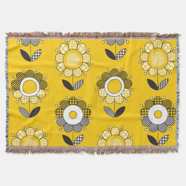 Simple Yellow Folk Floral Pattern Throw Blanket (Front)