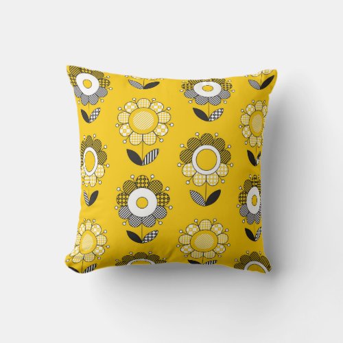 Simple Yellow Folk Floral Pattern Throw Pillow