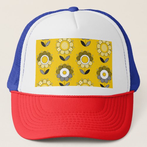 Simple Yellow Folk Floral Pattern Trucker Hat