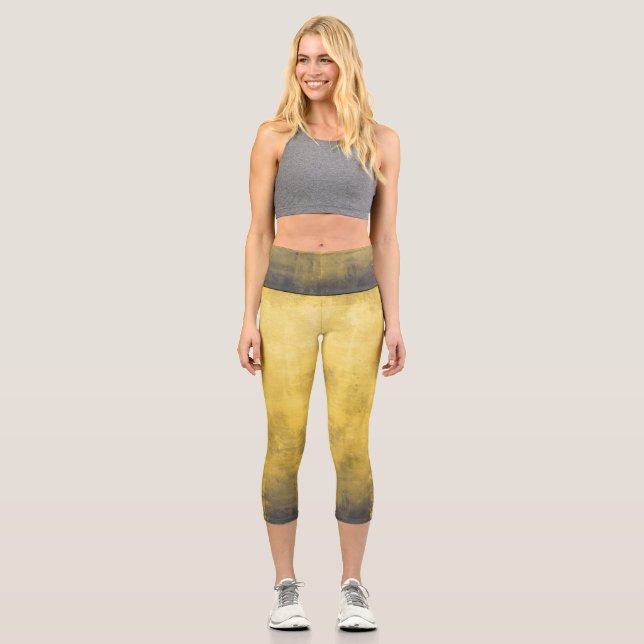 Simple Yellow Gray Abstract Capri Leggings (Front)