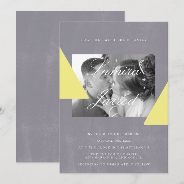 Simple Yellow Gray Stone Shapes Photo Wedding Invitation (Front/Back)