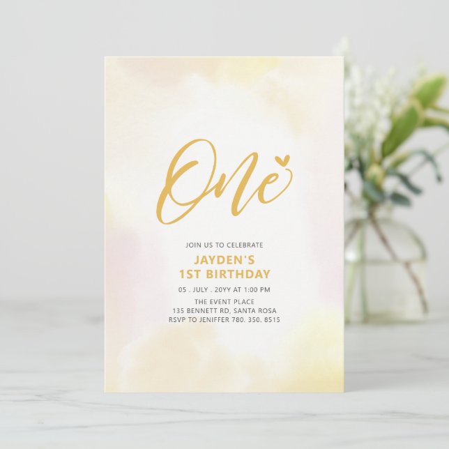 Simple Yellow Heart One 1st Girl Birthday Party In Invitation (Standing Front)
