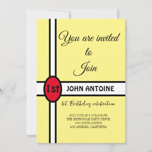 Simple Yellow Modern Elegant 1st Birthday Party Invitation