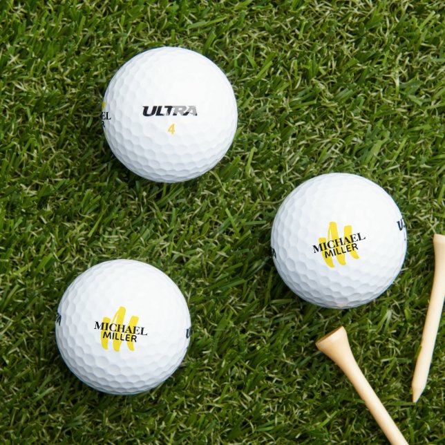 Simple Yellow Monogram with His Name  Golf Balls (Insitu Grass)