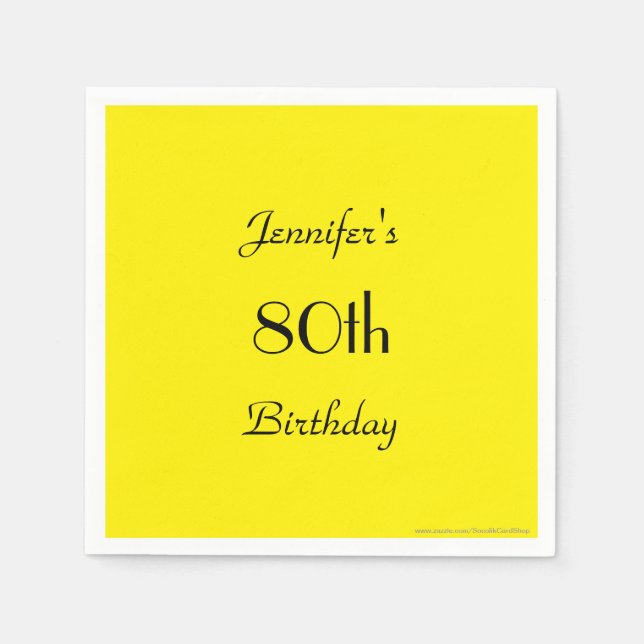 Simple Yellow Paper Napkins, 80th Birthday Party Napkins (Front)