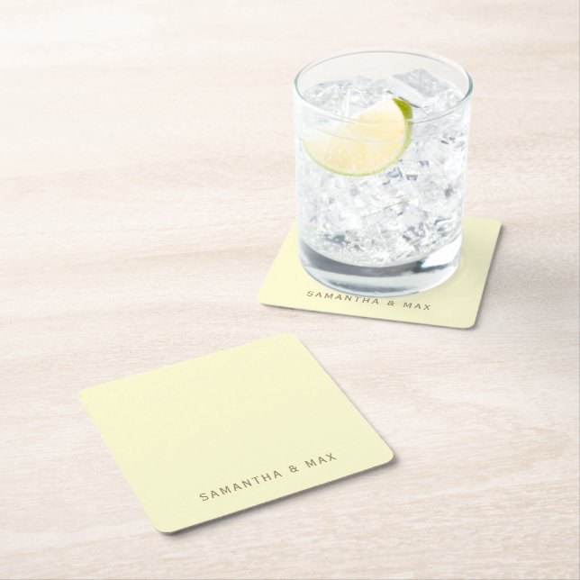 Simple Yellow Personalized Modern Wedding Square Paper Coaster (Insitu)