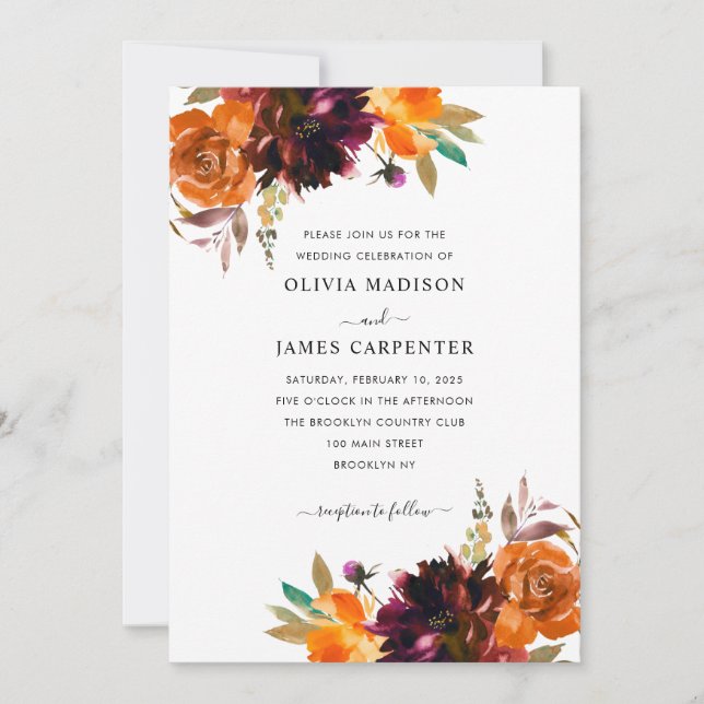 Simple Yellow Purple Burgundy Floral Fall Wedding Invitation (Front)