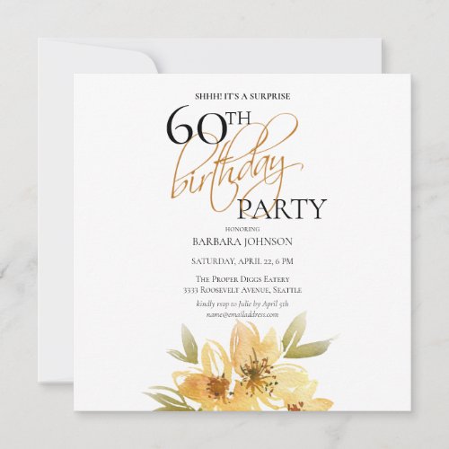 Simple Yellow Surprise Yellow Floral 60th Birthday Invitation