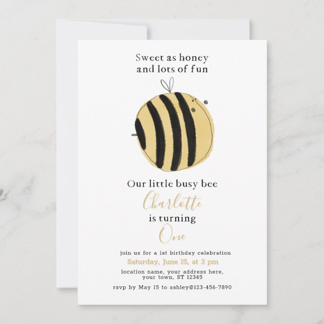 Simple Yellow Watercolor Bee 1st Birthday Invitation (Front)