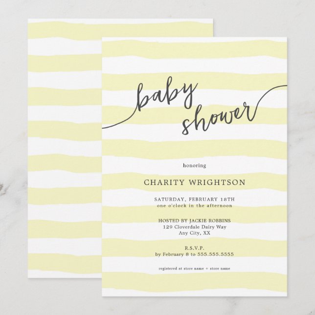 Simple Yellow Watercolor Stripes Baby Shower Invitation (Front/Back)